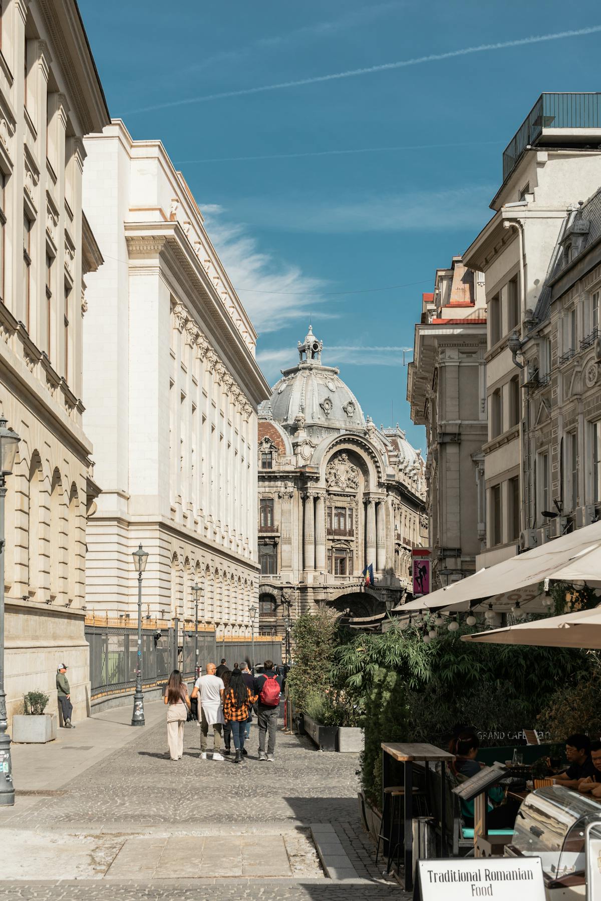 Historic European street architecture in Romania at golden hour
